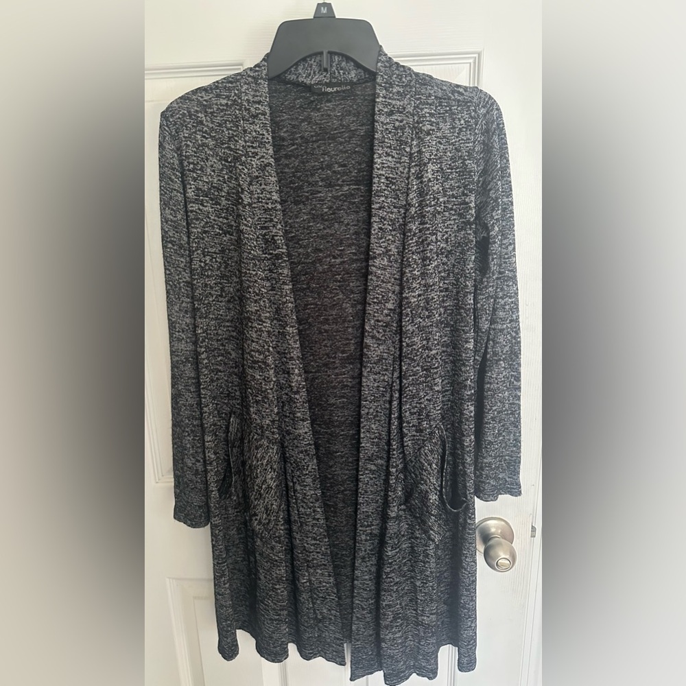 J M Fleurette Womens Cardigan Sweater Grey Black Open Drape Long Lightweight
